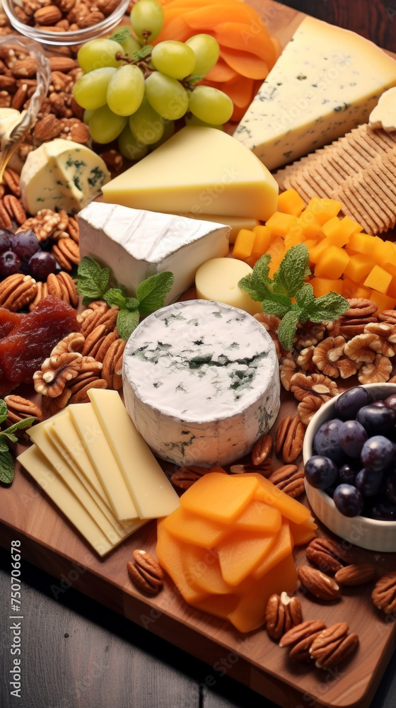 Gourmet cheese board with an assortment of fine cheeses, nuts, and fruit for elegant entertaining.