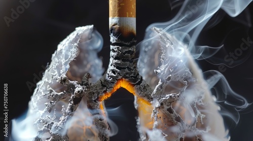 A cigarette with ash shaped like damaged lungs, glowing embers at the center, with smoke on a dark background