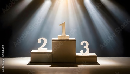 Close-up of a podium with numbers 1, 2 and 3. Rays of light illuminate it from above.