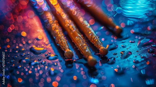 Macro shot of drumsticks on a wet, reflective cymbal with colorful lighting