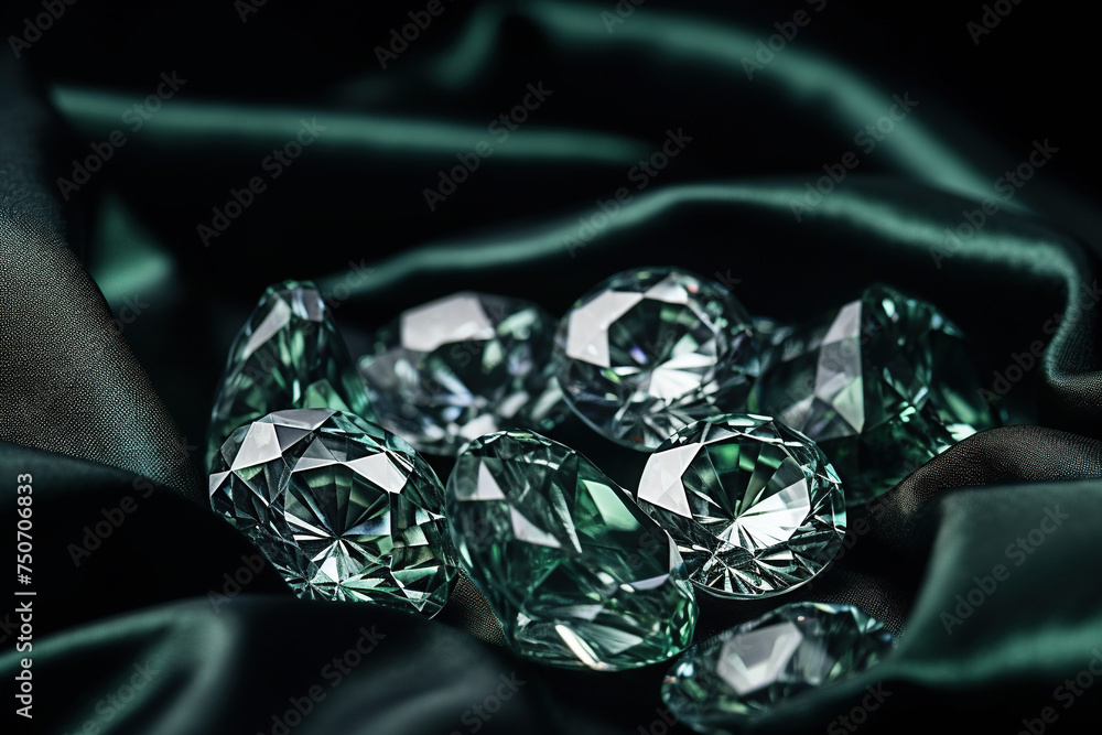 Luxurious dark green velvet fabric, sparkling emeralds and diamonds background Luxurious dark green velvet fabric, sparkling emeralds and diamonds background