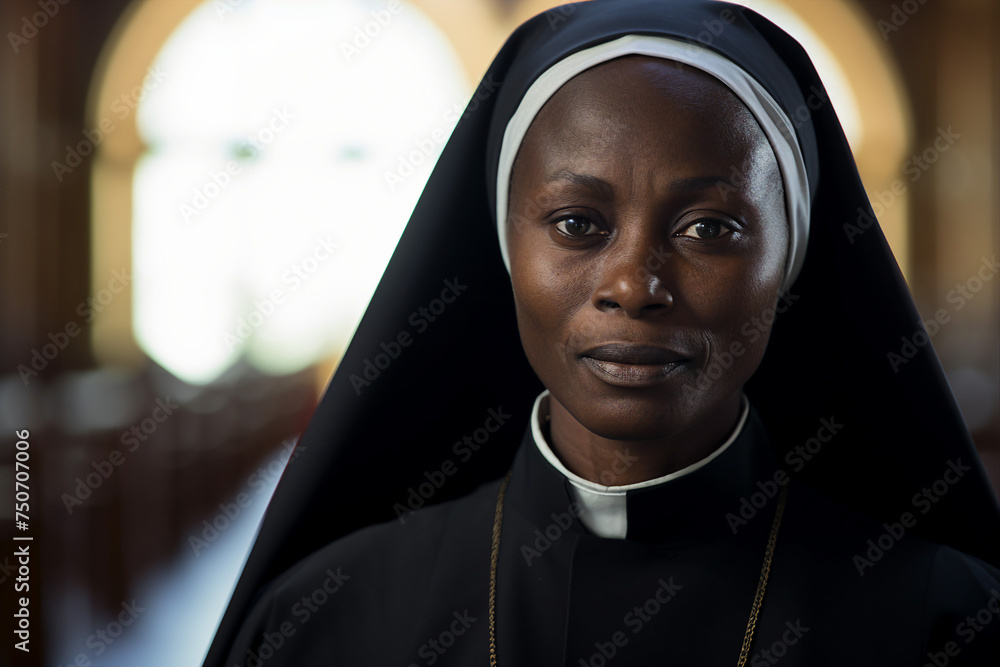 Generated with AI image of young catholic nun praying in church Generated with AI image of young catholic nun praying in church