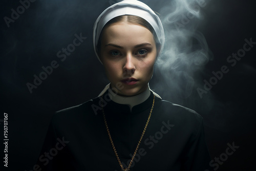Generated with AI image of a nun possessed by the devil photo