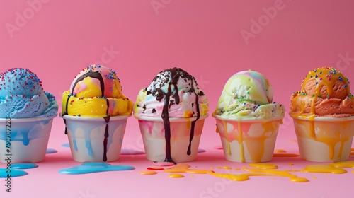 Brightly colored melting ice cream cups with sprinkles and syrup on a pink background.