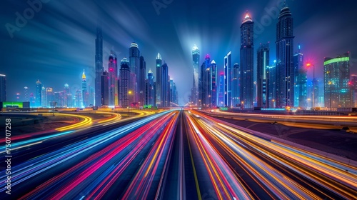 A long-exposure shot of a vibrant city skyline at night with colorful traffic light trails.
