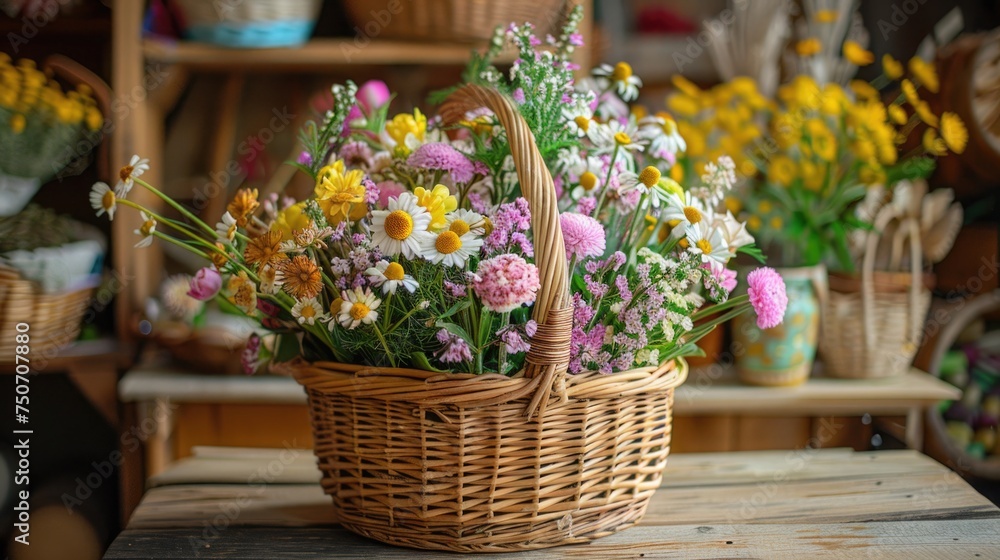 A detailed view of a May Day basket filled with spring treats and goodies, ready to be left at someone's doorstep in a tradition of giving - obrazy, fototapety, plakaty 