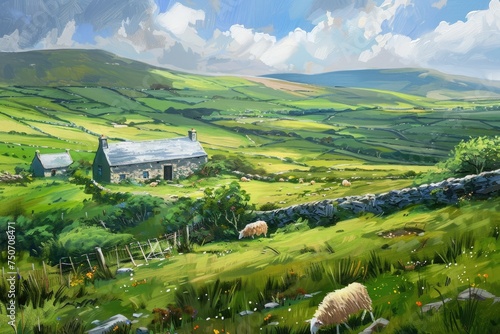 Fototapeta Naklejka Na Ścianę i Meble -  Countryside in the hills lush green fields and ancient stone cottages with sheeps in the field