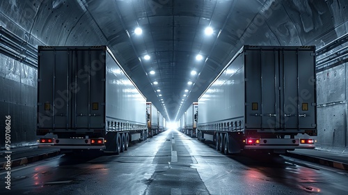 Dynamic view down a corridor formed by imposing freight trucks