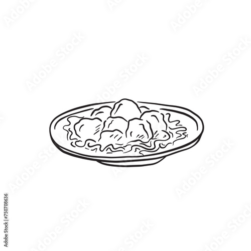 A line drawn illustration of a bowl of meatballs on a bed of spaghetti. A sketchy style doodle in black and white. © Amelia