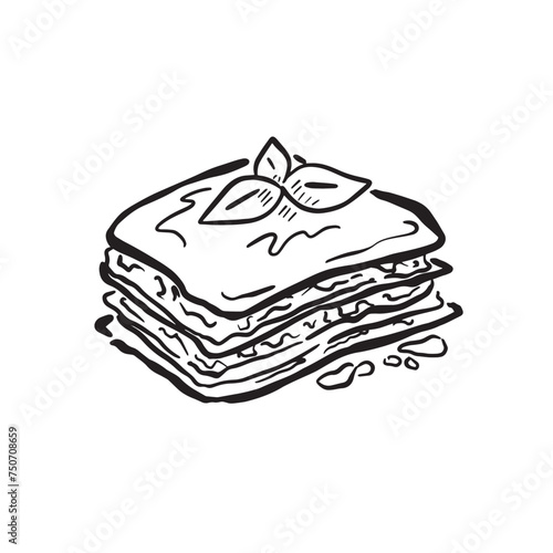 A line drawn illustration of a very simple lasagne slice with some basil leaves on the top. 