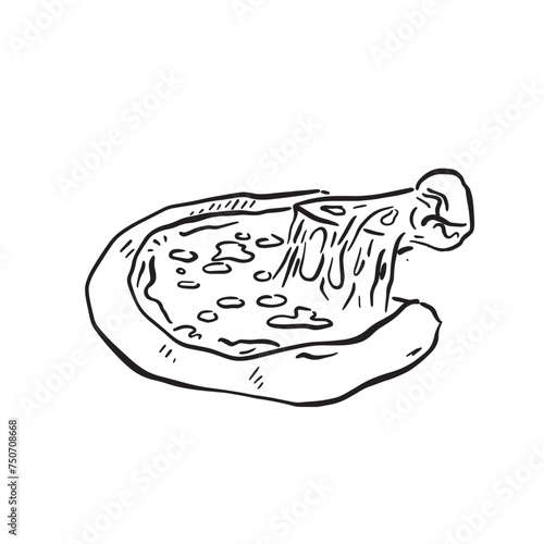 A line drawn illustration of a pizza with a slice being pulled up from the right hand side. Sketchy simple style and shaded with lines.