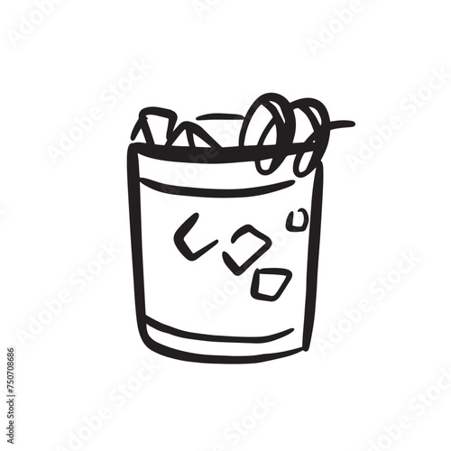 A very simple sketch of a negroni cocktail in a short glass with an orange segment garnish. 