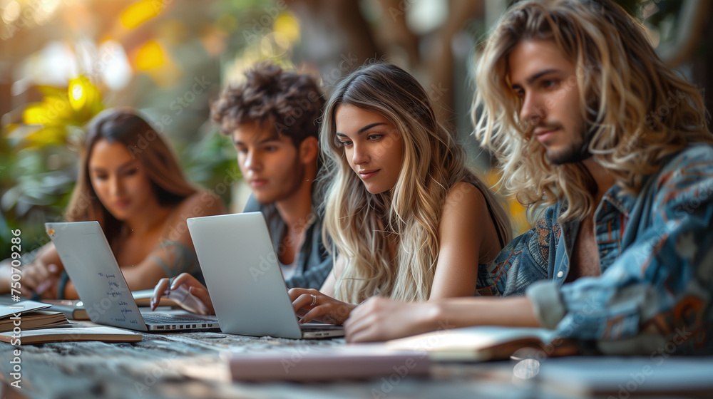 Vibrant study group, handsome and beautiful, collaborating over textbooks and laptops. Vibrant study group, handsome and beautiful, collaborating over textbooks and laptops.