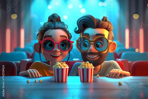 Happy couple watching movie in a cinema. Young man and woman with popcorn in paper cups laughing and having fun. 3D cartoon illustration.