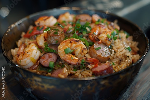 Traditional jambalaya served on a plate, captured from a top view. This dish features shrimp, rice, and sausage, seasoned with spices. AI Generative