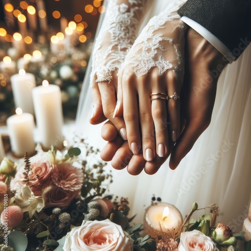Close-up of a wedding couple's hands