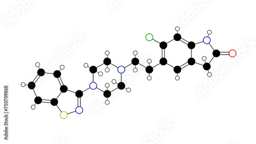 ziprasidone molecule, structural chemical formula, ball-and-stick model, isolated image atypical antipsychotic