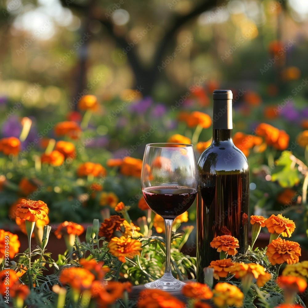 wine bottle and glass in the midst of blooming marigold garden