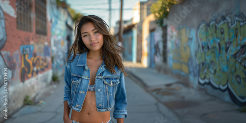 Young latina girl dressed in denim jacket and bare midriff on a graffiti street