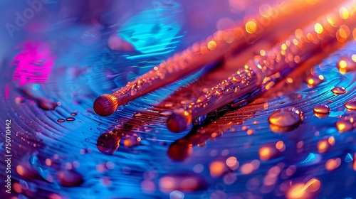 Macro shot of drumsticks on a wet, reflective cymbal with colorful lighting photo