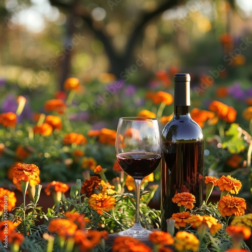 wine bottle and glass in the midst of blooming marigold garden