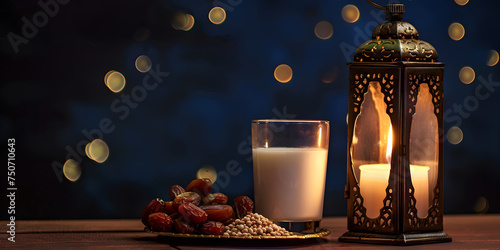 Dates and milk and Islamic Ramadan Celebration, Traditional Lanterns, Crescent Moon, Religious Festivity, Glowing Lanterns, Copy Space, Ornamental Arabic Lantern, Burning Candle, Ramadan Kareem, Moonl photo