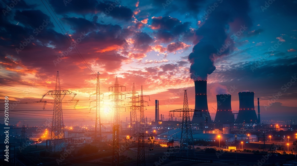 Twilight at an industrial complex with majestic cooling towers and electrical grids