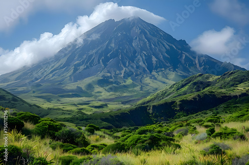 Majestic Volcano Peak Amidst Lush Greenery on a Clear Day © aimodels24