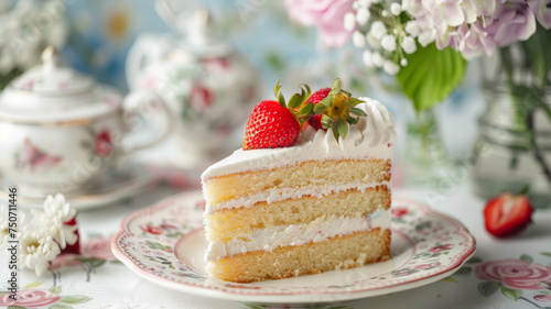 A delicious strawberry cream cake on a white plate.