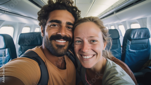Mixed race young couple travelling by plane, holiday vacation concept © dvoevnore