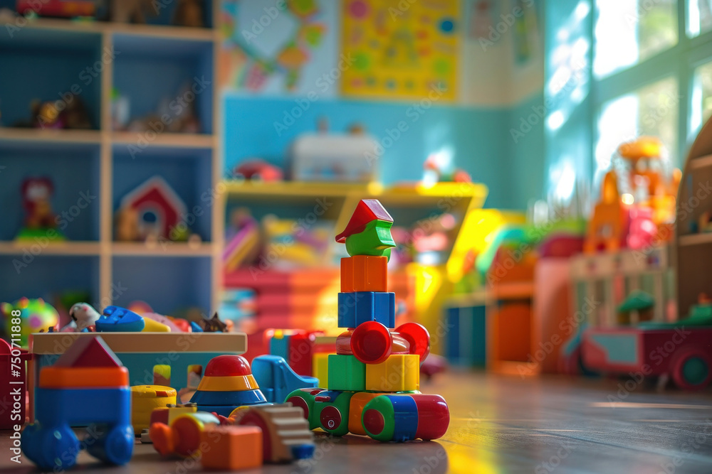 Vibrant and cheerful children's playroom filled with colorful toys and bright light, scattered toys on the floor