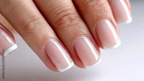 Closeup of a womans hand with a French manicure.