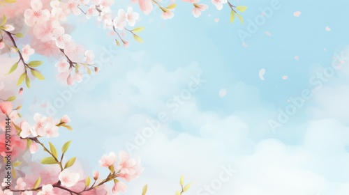 Blue Sky With White Clouds and Pink Flowers © Amir
