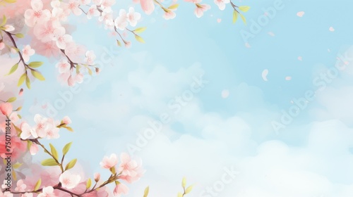 Blue Sky With White Clouds and Pink Flowers