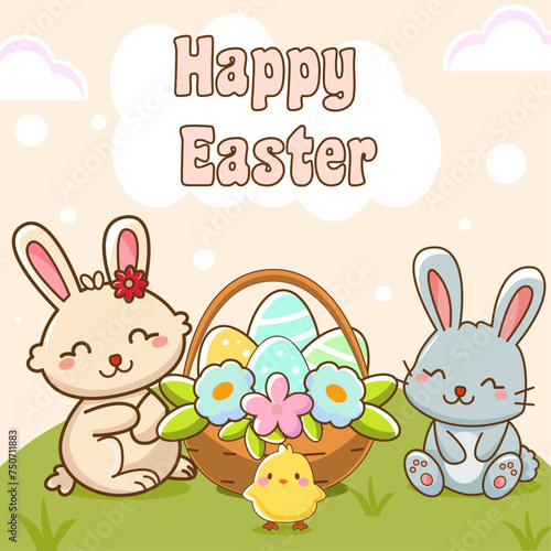 Happy easter greeting card template with two bunnies, chicken and a busket with easter eggs and flowers