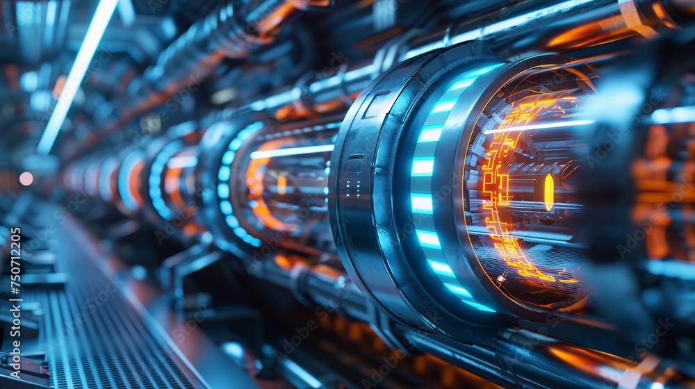 Advanced cylindrical energy cores emitting neon lights in a sleek facility Advanced cylindrical energy cores emitting neon lights in a sleek facility