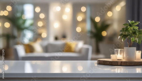 Modern empty light white table on a luxury living room interior background with blurred bokeh. for display of assembly products  space for text