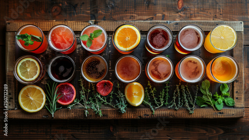 A tray of craft beer, cider, lemonade, and fruit. © SashaMagic