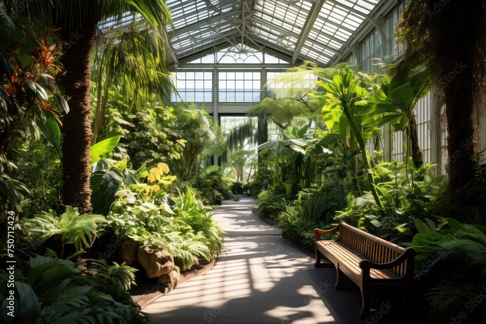 Lush greenhouse pathway with ferns, palms, and dappled sunlight
