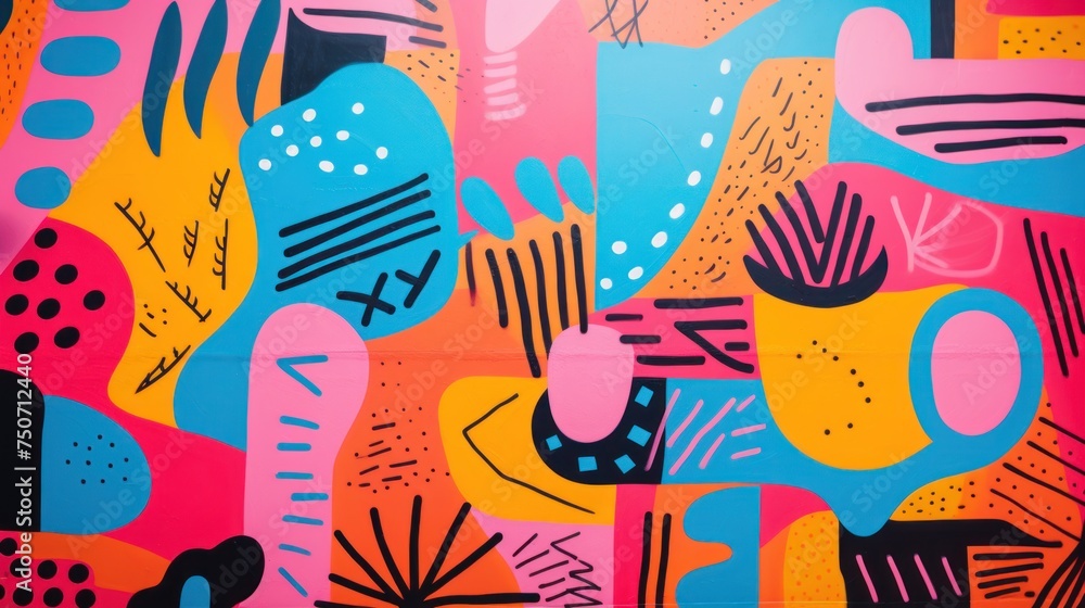 Hand-drawn abstract mural with dynamic colors and patterns