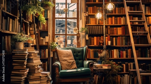 Cozy vintage bookstore with old books, ladder and sleeping cat