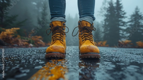 feets of a traveler in yellow boots on a wet road © Salander Studio