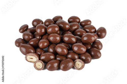 A bunch of dark chocolate peanuts isolated on a white background.