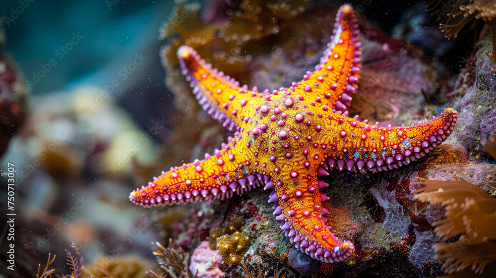 Fototapeta premium Colorful starfish on coral reef underwater.