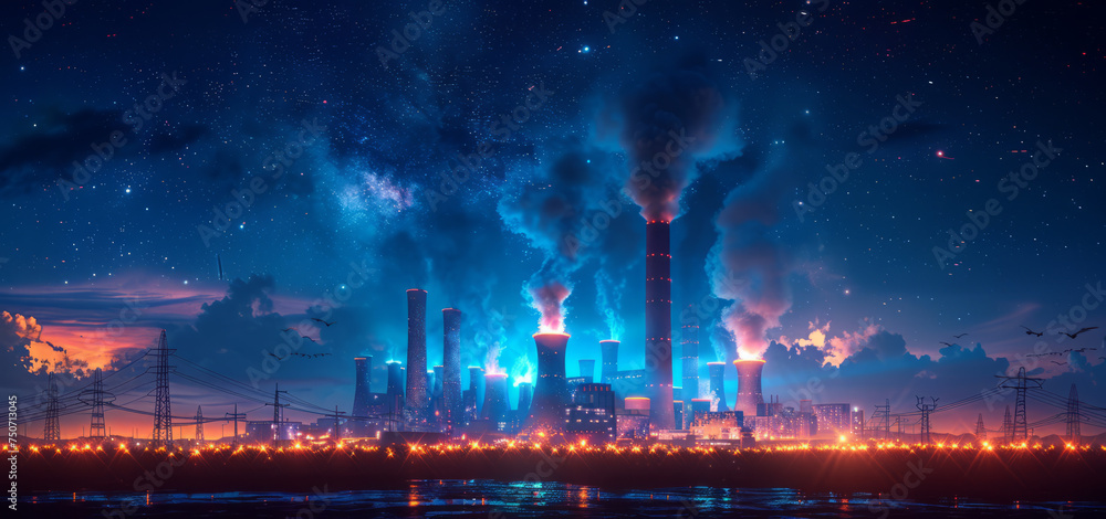 City skyline filled with smoke stacks and power lines with bright blue sky and stars in the background.