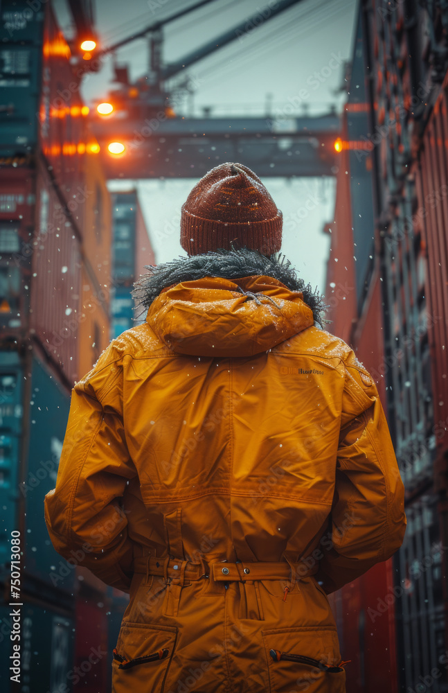 Person in yellow coat stands in the middle of shipping yard Person in yellow coat stands in the middle of shipping yard