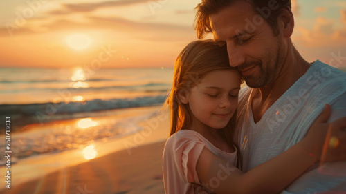 A father and daughter bonding at the seashore at sunset. © SashaMagic