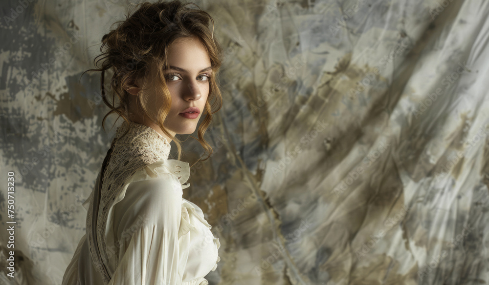 Obraz premium Portrait of beautiful woman in white Victorian dress.