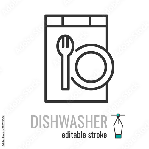 Dishwasher line icon.Household appliance dish washing machine symbol. house equipment pictogram.kitchen tableware cleaning sign. Vector graphics illustration EPS 10. Editable stroke