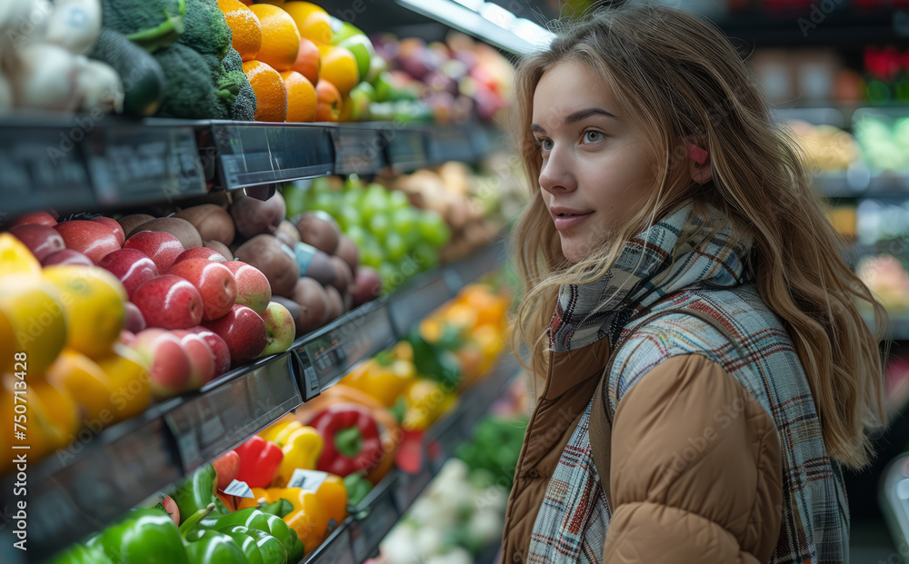 Young pretty woman buys fresh vegetables in supermarket.